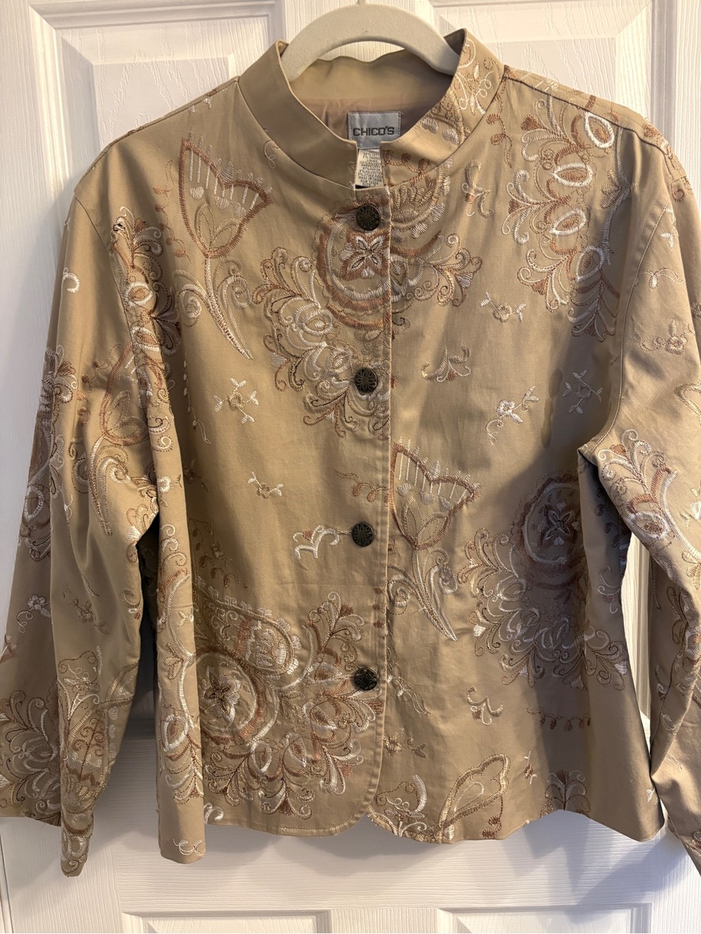Chico's Embroidered Beige Floral Stand-Collar Jacket #0362